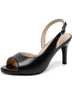 Women's Black Pu Peep Open Toe Heel Pumps Comfortable Slip On Party Dress Shoes